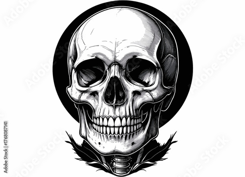 Skull tattoo design with feathers, black and white line art, isolated