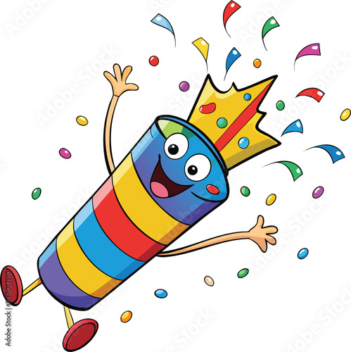 Colorful confetti popper exploding with joy and celebration, perfect for a party on white