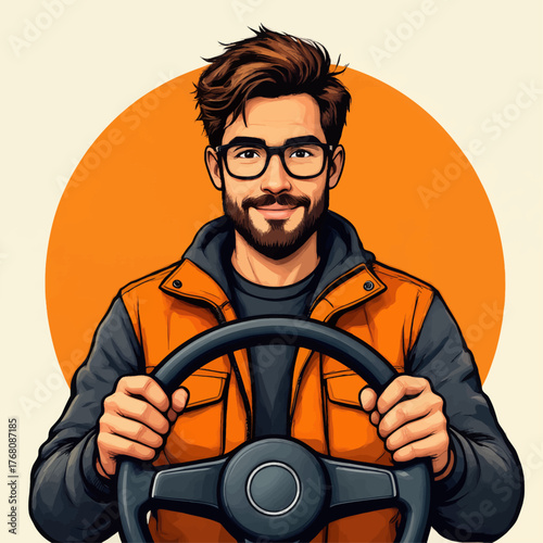 Smiling bearded driver with glasses holding steering wheel, orange jacket, cartoon style