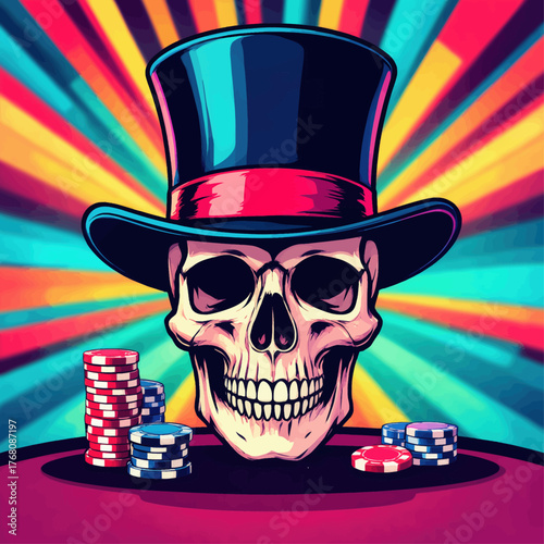 Skull wearing top hat with poker chips, vibrant pop art casino theme