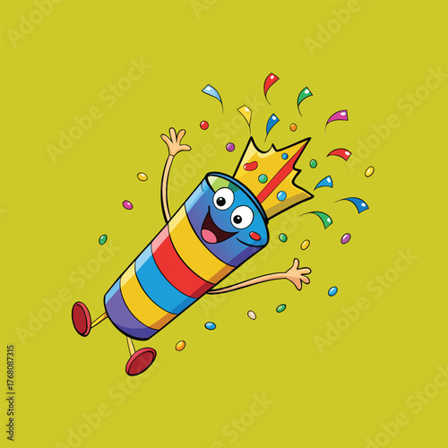 Colorful confetti popper exploding with joy and celebration, perfect for a party on yellow