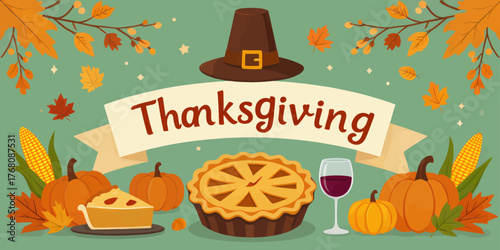 Thanksgiving holiday banner with pie pumpkins corn and pilgrim hat illustration