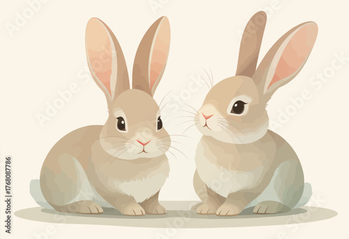 Two cute beige rabbits sitting together in soft vector style isolated on white