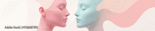 Two serene faces facing each other, pastel tones, minimalist abstract art