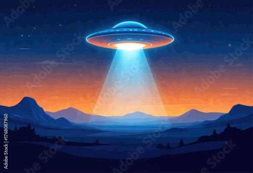 UFO flying over mountains at dusk, glowing blue light beam, stylized landscape