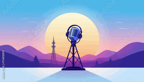 Vintage microphone with headphones on tripod stand against sunset mountains landscape