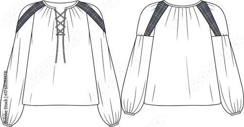 Women's blouse front back view, lace-up neckline, puff sleeve, gathered cuff, shoulder panel detail, cad drawing flat vector illustration