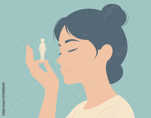 woman holding tiny glowing figure, peaceful mindfulness moment, minimalist vector art