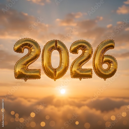 Golden 2026 balloon floating sunrise sky celebration, glowing forest light bulb fireflies magic mist, futuristic tree city nature technology blend, cinematic bokeh fantasy concept art wallpaper 8K