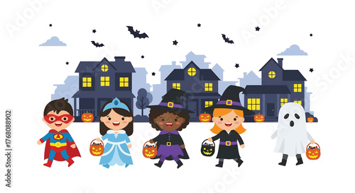 Spooky Street Celebration: A captivating illustration featuring children in an array of whimsical costumes, embarking on a joyful trick-or-treating adventure during Halloween night.