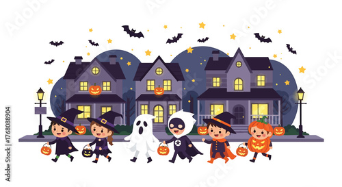 Spooky Night: Illustration of children trick-or-treating in front of houses decorated for Halloween, with ghosts and jack-o-lanterns under a moonlit sky.