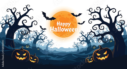 Spooky Halloween: A mystical and haunting Halloween scene, featuring eerie trees and spooky bats silhouetted against a radiant orange full moon.
