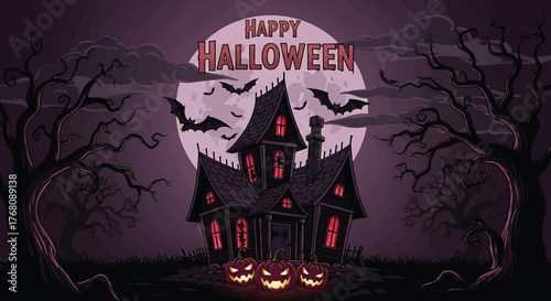 Spooky Halloween: A chilling scene unfolds with a haunted house silhouette against the moonlit sky, bats taking flight, with three pumpkins casting an eerie glow below.