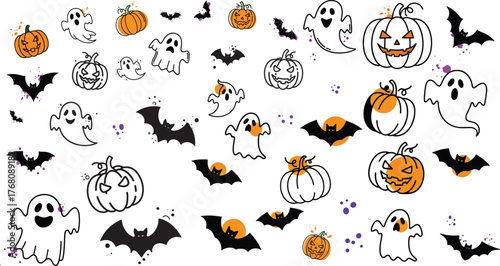 Spooky Halloween Decorations: A whimsical ensemble of Halloween icons, including grinning pumpkins, friendly ghosts, and fluttering bats, creates a festive and playful atmosphere.