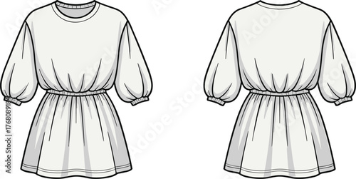 Women's dress fashion sketch, round neck puff sleeve mini dress with elastic waist, front and back view, cad drawing flat vector illustration