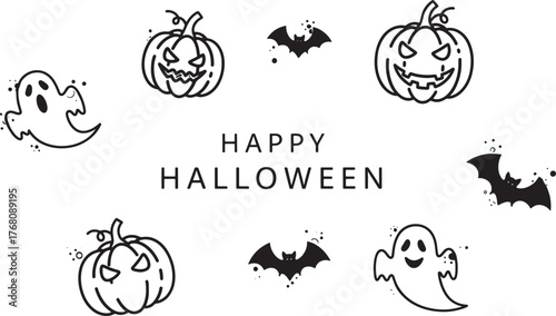 Halloween Celebration: A spooky, simple illustration captures the essence of Halloween, featuring grinning pumpkins, friendly ghosts, and fluttering bats, all celebrating the season with joy.