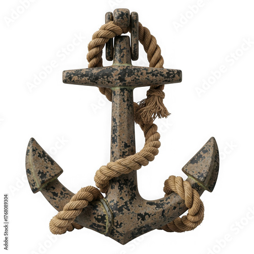 3d nautical anchor with thick rope isolated on transparent background