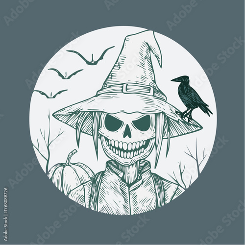 Eerie scarecrow with a wicked grin, wearing a witch's hat and a crow, with a pumpkin ready for a spooky Halloween night out in the haunted woods