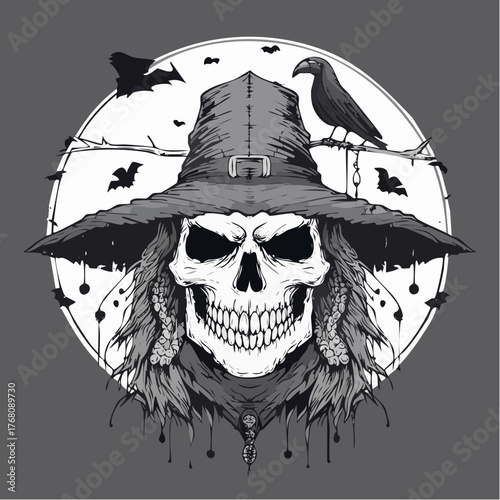 Eerie witch skull wearing a pointed hat, a raven perches nearby against the full moon, perfect for Halloween designs and spooky themed projects.