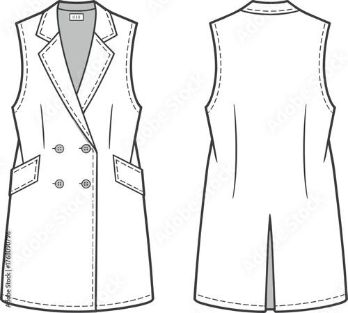 Women's vest fashion sketch, sleeveless double-breasted tailored vest with notched collar and flap pockets, cad drawing flat vector illustration