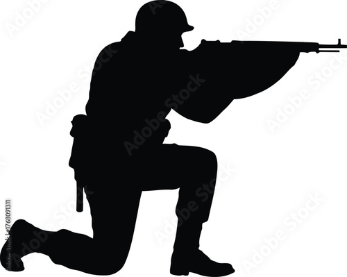 black soldier aiming rifle, kneeling silhouette clip art preview