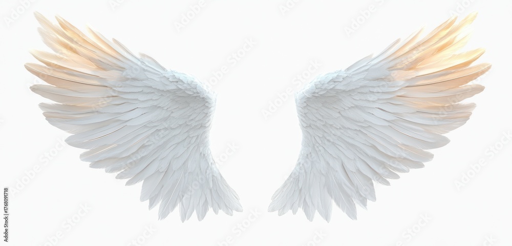 Fototapeta premium Pair of large white angel wings with soft warm light highlighting feather tips on a plain white background, evoking purity and serenity