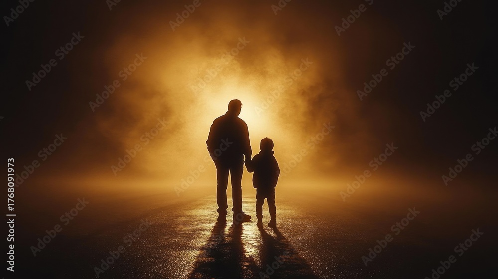 Fototapeta premium Silhouettes of adult and child holding hands walking on wet ground with glowing light and misty fog in the background, evoking warmth and protection