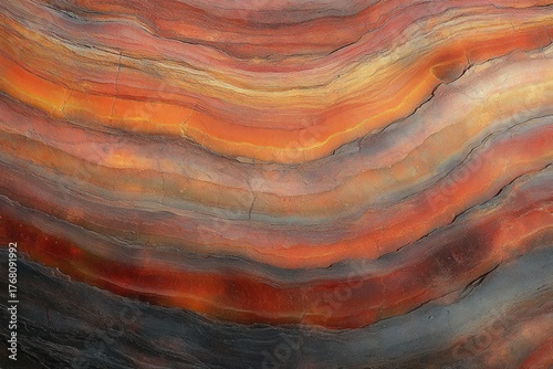 Close-up of natural layered rock formations with warm tones of orange, red, yellow, gray, and black showcasing geological textures and cracks