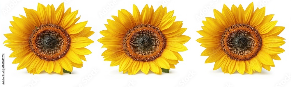 Fototapeta premium Three vibrant sunflowers with bright yellow petals and detailed brown centers arranged in a row on a white background
