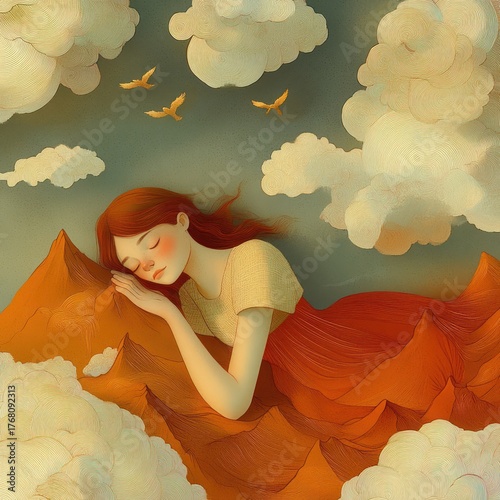 A young woman peacefully sleeping on a mountain landscape blending with her red dress under a dreamy sky with fluffy clouds and flying birds