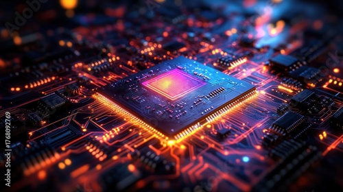 Close-up view of a glowing central microchip on an electronic circuit board with illuminated pathways and surrounding components emitting warm orange and cool blue light