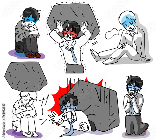 岩が頭に落ちてきて絶望し真っ白になる若手社員のベクターセットイラスト