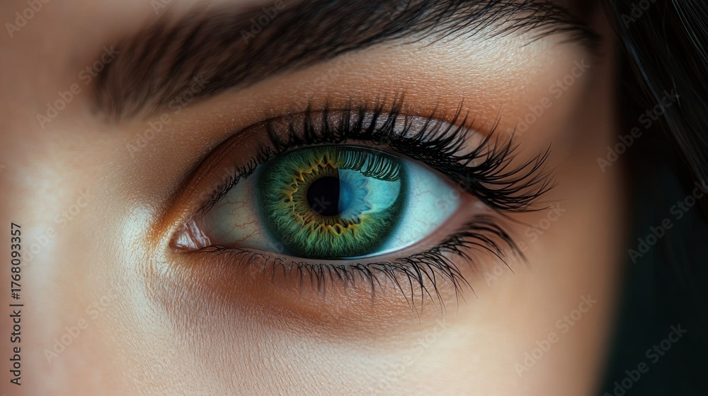 Obraz premium Close-up of a human eye with intricate green and blue iris patterns surrounded by long eyelashes and smooth skin