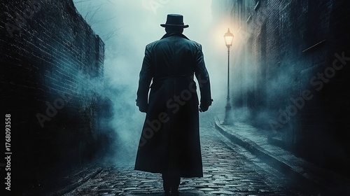 A solitary figure wearing a long coat and hat walking down a foggy cobblestone alley illuminated by a vintage street lamp, evoking a mysterious and eerie atmosphere