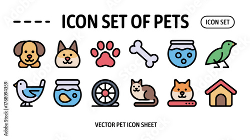 Pet Icon Set – 10 Colorful Vector Pet Icons (Dog, Cat, Paw, Bone, Fishbowl, Bird, Collar, Pet House)