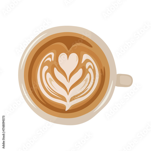 Top View of Latte with Heart and Tulip Latte Art in Beige Cup on White Background