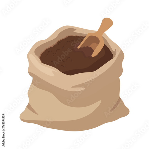 Burlap Sack Filled with Rich Brown Coffee Grounds and Scoo