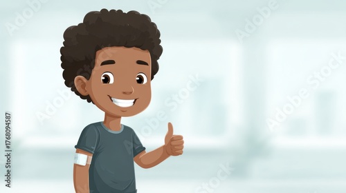 Happy black boy child giving a thumbs up after vaccination in clinic  