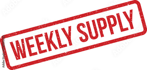 Rectangular red rubber stamp impression with grunge texture featuring the words weekly supply