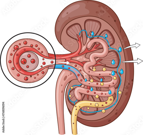 Detailed anatomical illustration of a kidney, showing filtration and fluid movement.