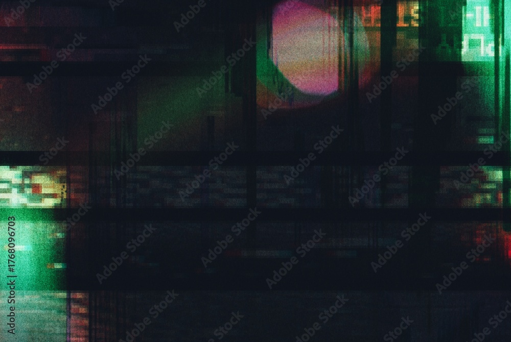 Obraz premium Noisy VHS effect hd tv screen glitch distorted flickering lines pixellate screen noise grainy texture, analog tv bad signal problem broadcasting error screen play pause effect 