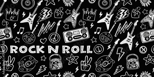 Energetic rock and roll doodle pattern with guitars crowns peace signs and music notes