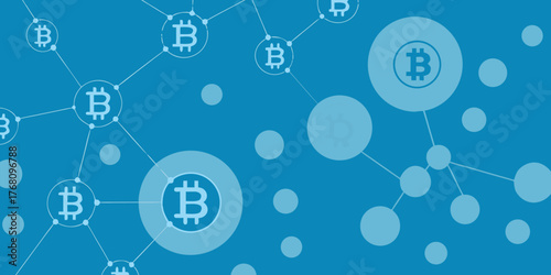 Abstract network of interconnected bitcoin logos and nodes on a blue background representing cryptocurrency and blockchain technology