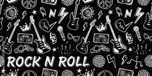 Retro rock and roll music icons and symbols seamless pattern with text