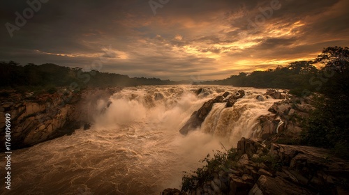 Powerful wide river rapids cascade dramatically through a rocky gorge under an intense sunset sky