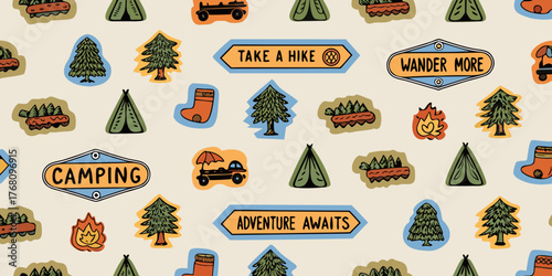 Whimsical camping and hiking adventure pattern with cute icons and motivational sayings