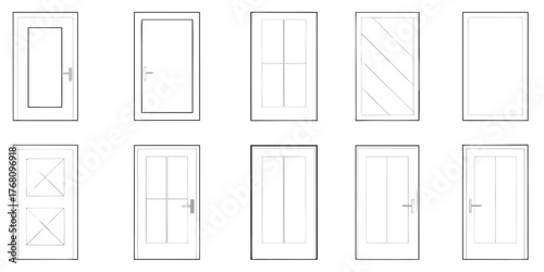 Collection of simple line drawing illustrations of various door and window designs for architectural concepts