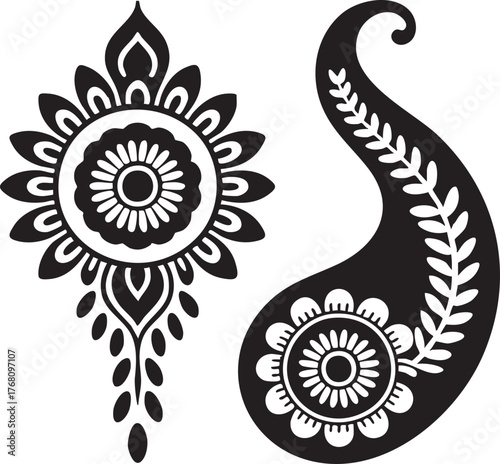 Black paisley and floral mandala design elements vector