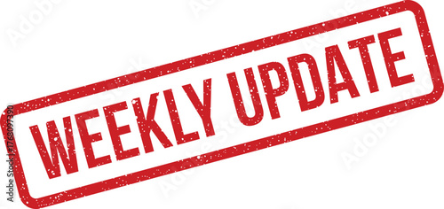 Red grunge effect rubber stamp displaying WEEKLY UPDATE for regular communication and informational bulletins