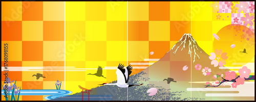 新春 ,赤富士 ,富士山, 初日の出,梅,鶴の金屏風